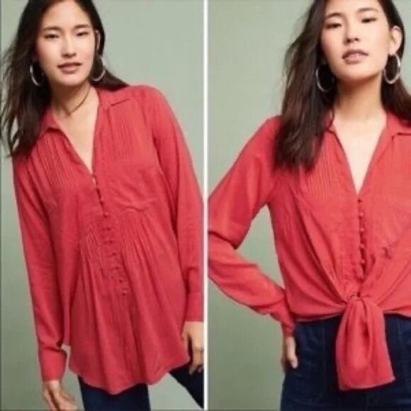 Anthropologie Maeve Shirt Small Blouse Polka Dot Matilda Red Long Sleeve - Picture 1 of 13